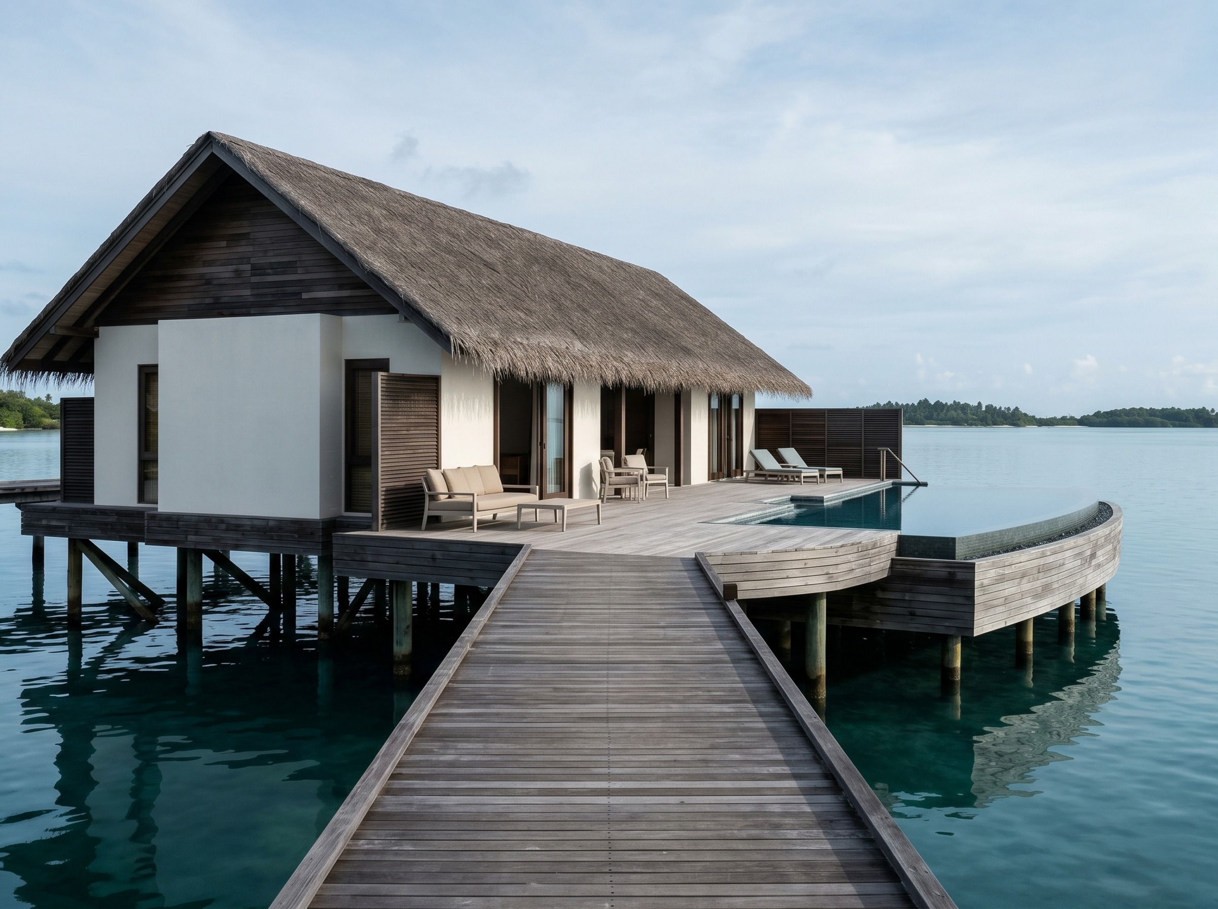 Overwater villa raised above turquoise lagoon water, wooden deck with sun loungers