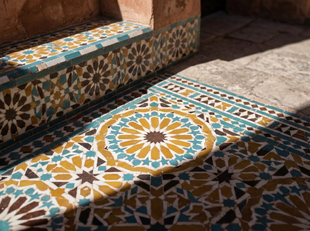 Marrakech medina rooftop with terracotta walls, Atlas Mountains on horizon