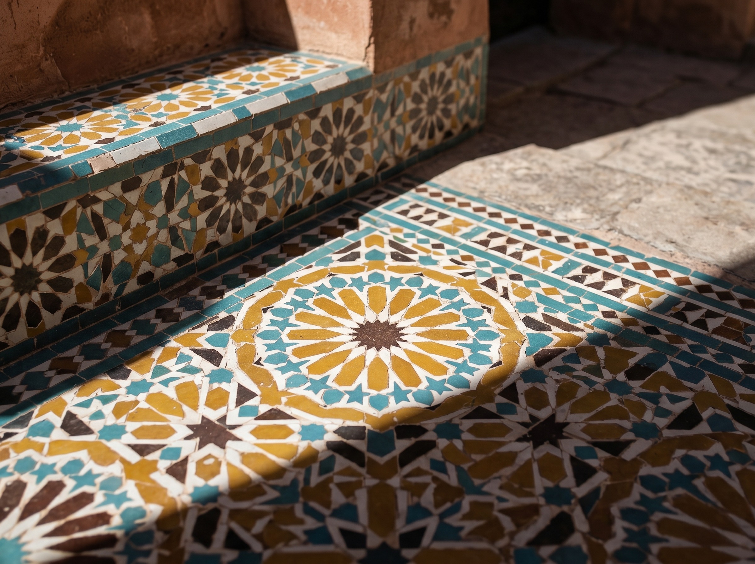 Marrakech medina rooftop with terracotta walls, Atlas Mountains on horizon