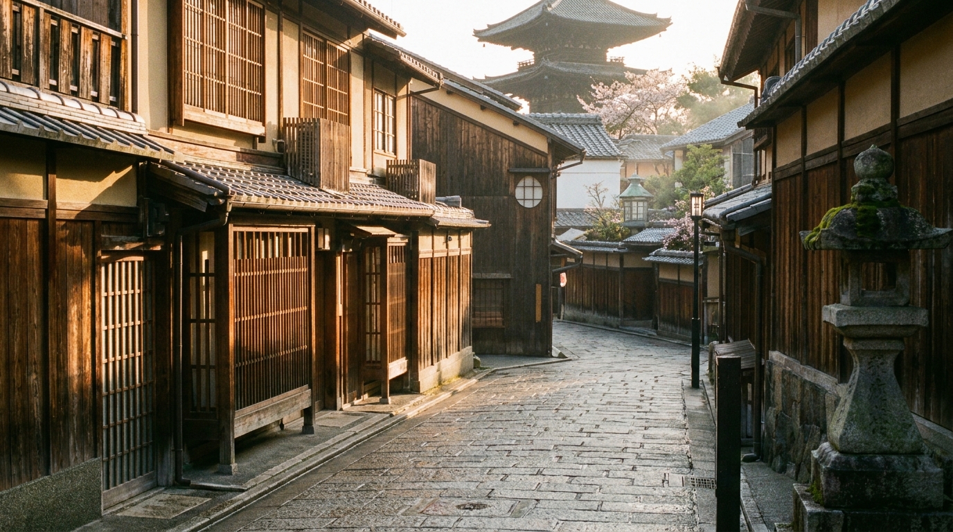 Traditional Kyoto street with wooden machiya houses in golden morning light