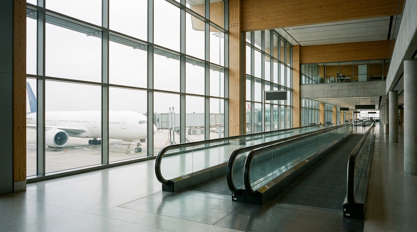 Modern airport terminal with wide-body aircraft visible through windows