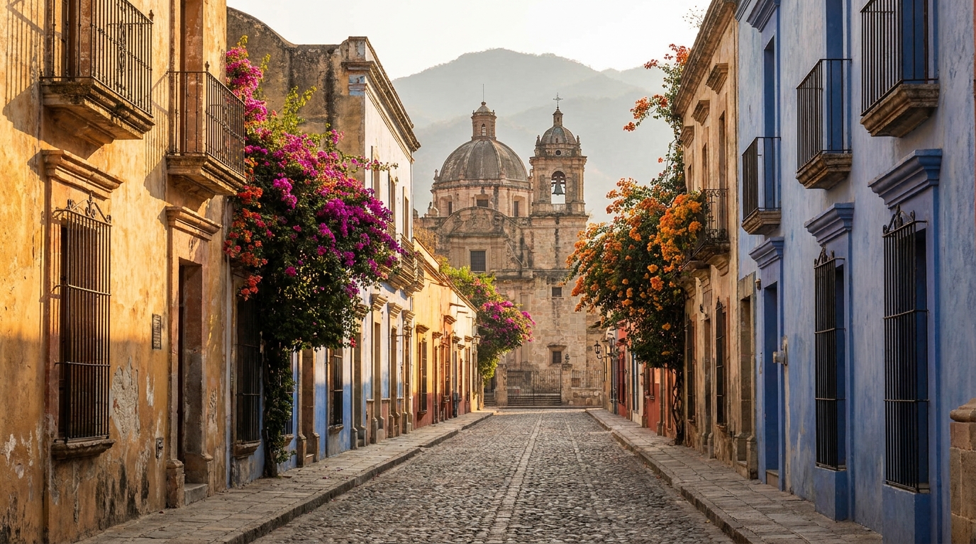 Historic Mexican colonial street with colorful buildings, warm afternoon light