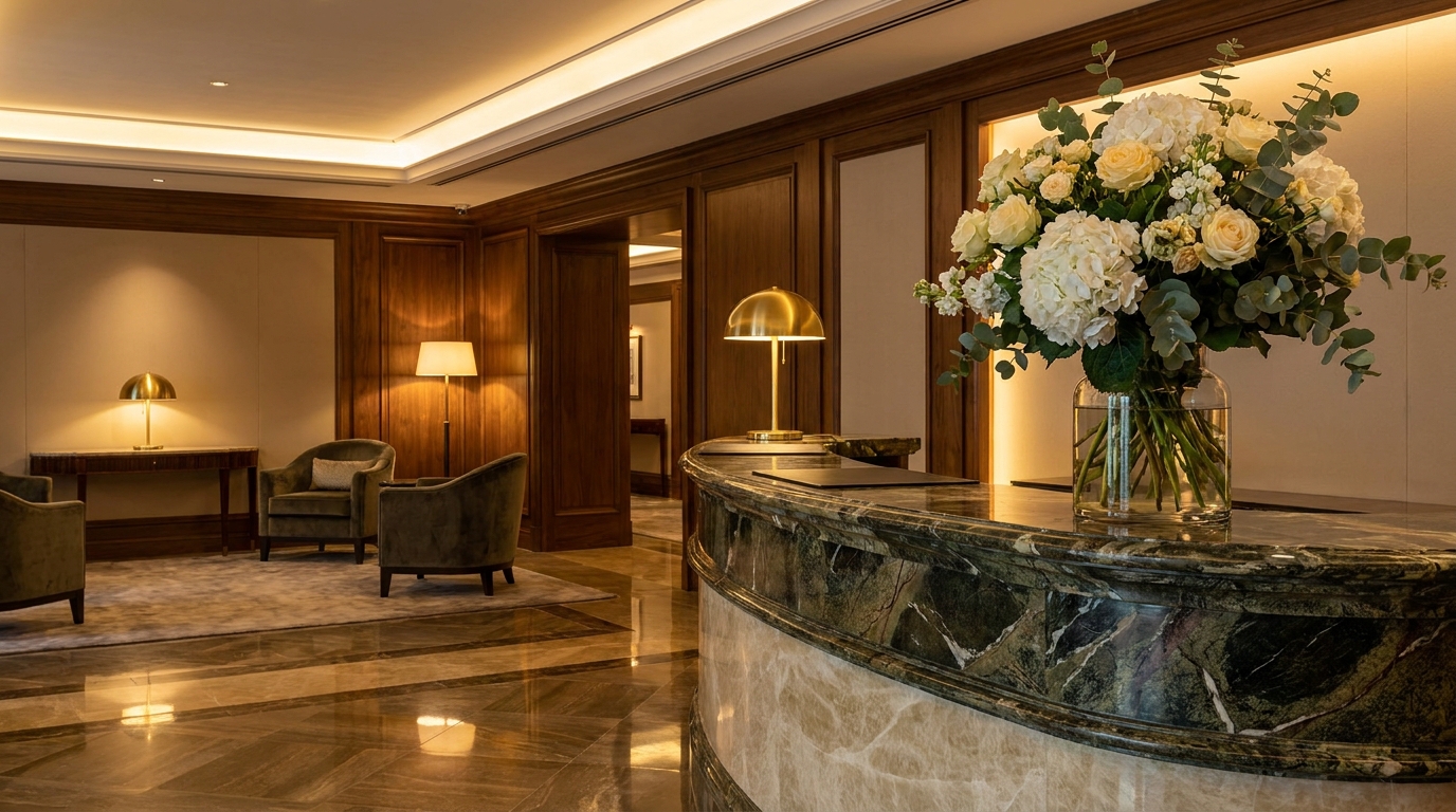 Elegant hotel lobby with marble reception desk and floral arrangement