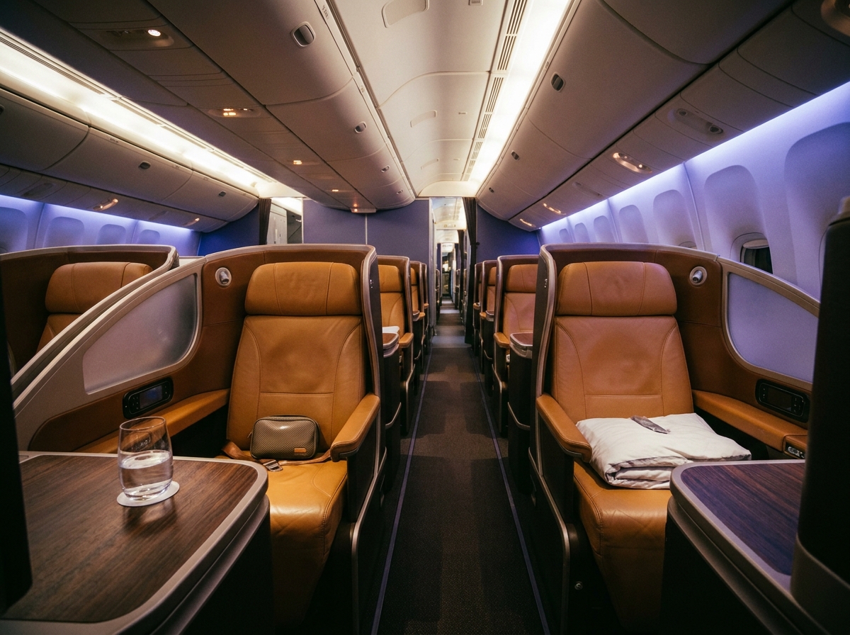 Long-haul business-class cabin with direct-aisle-access seats in staggered layout