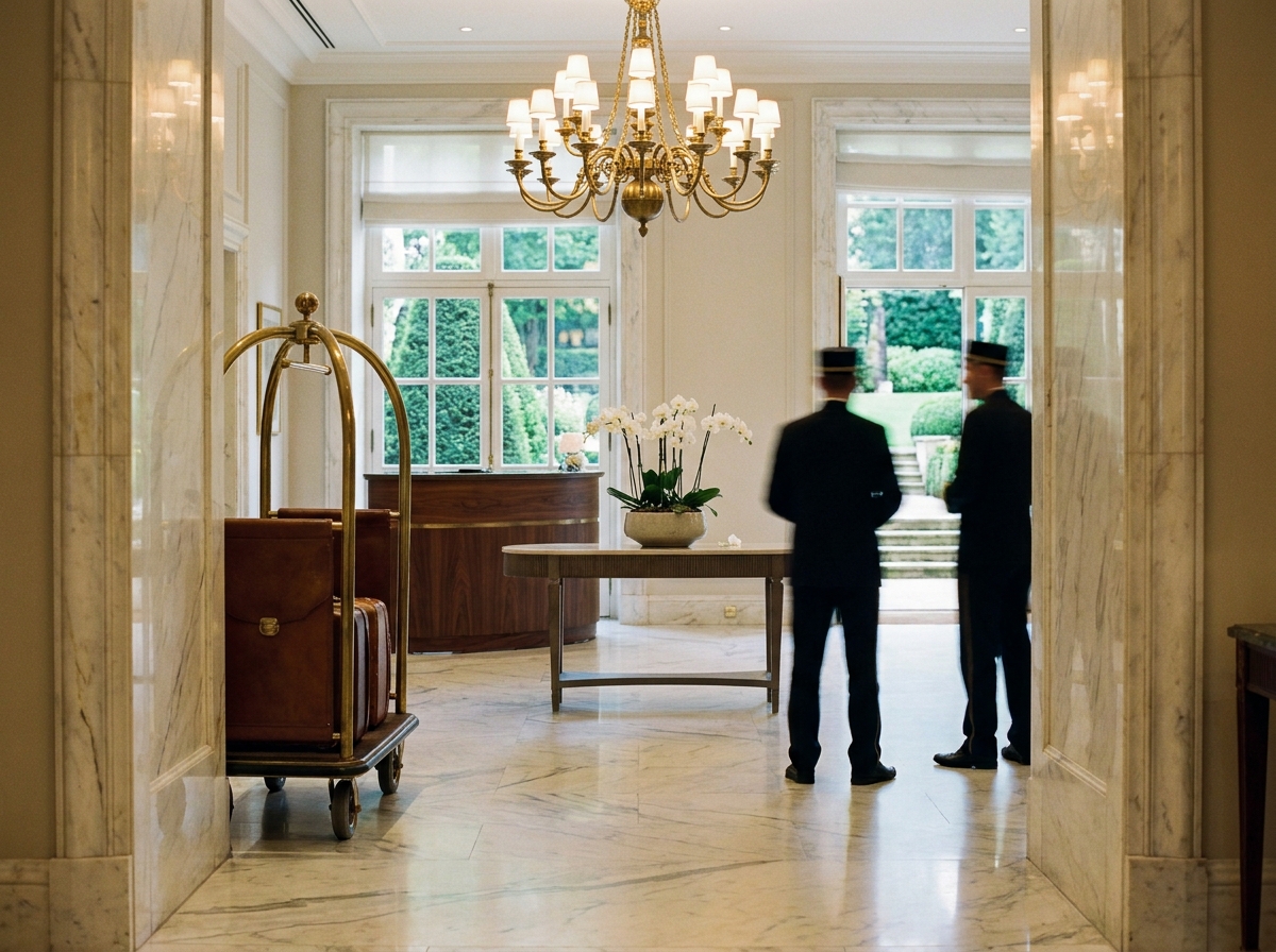 Luxury hotel entrance hall with marble floors, walnut reception desk, and chandelier lighting