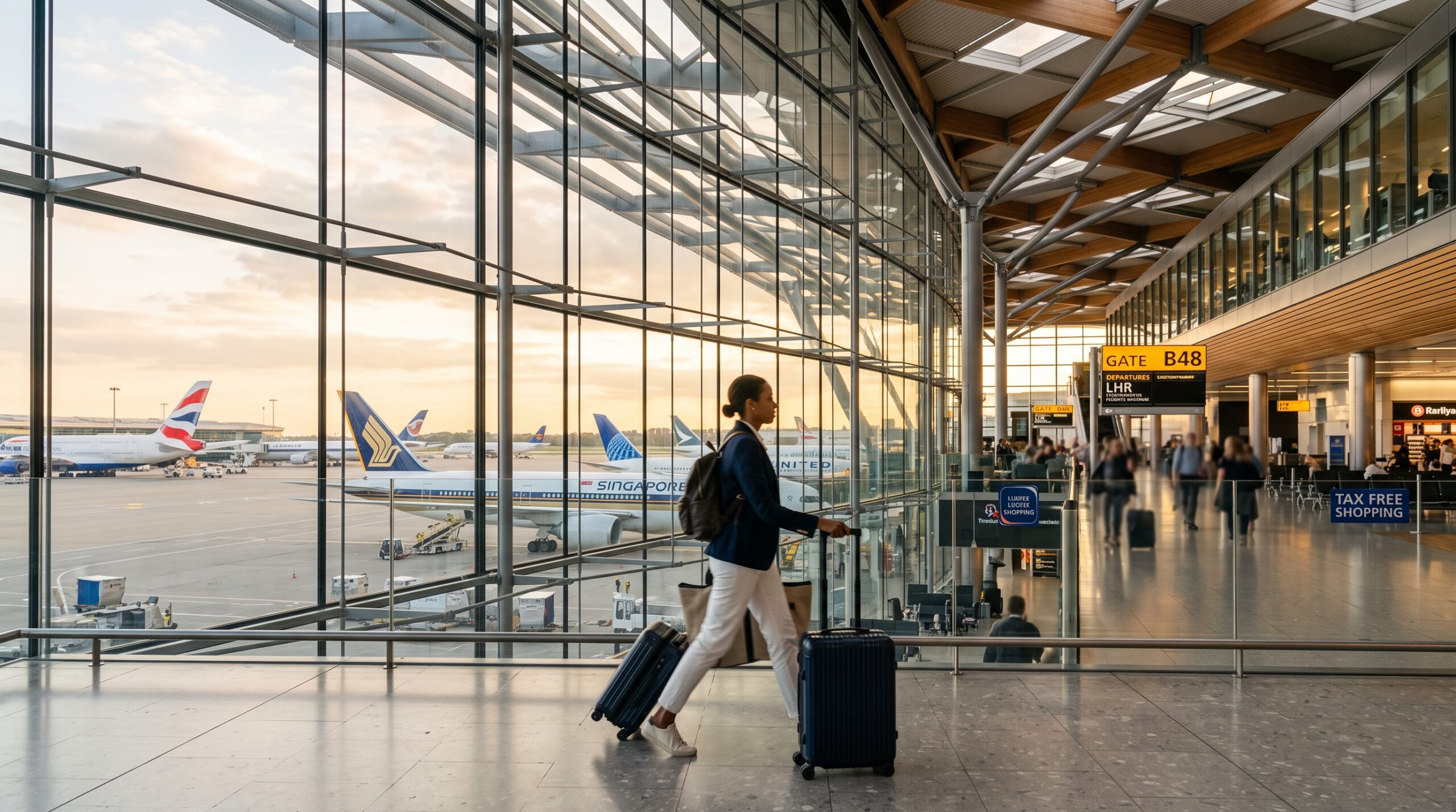 International airport terminal at golden hour showing multiple airline liveries