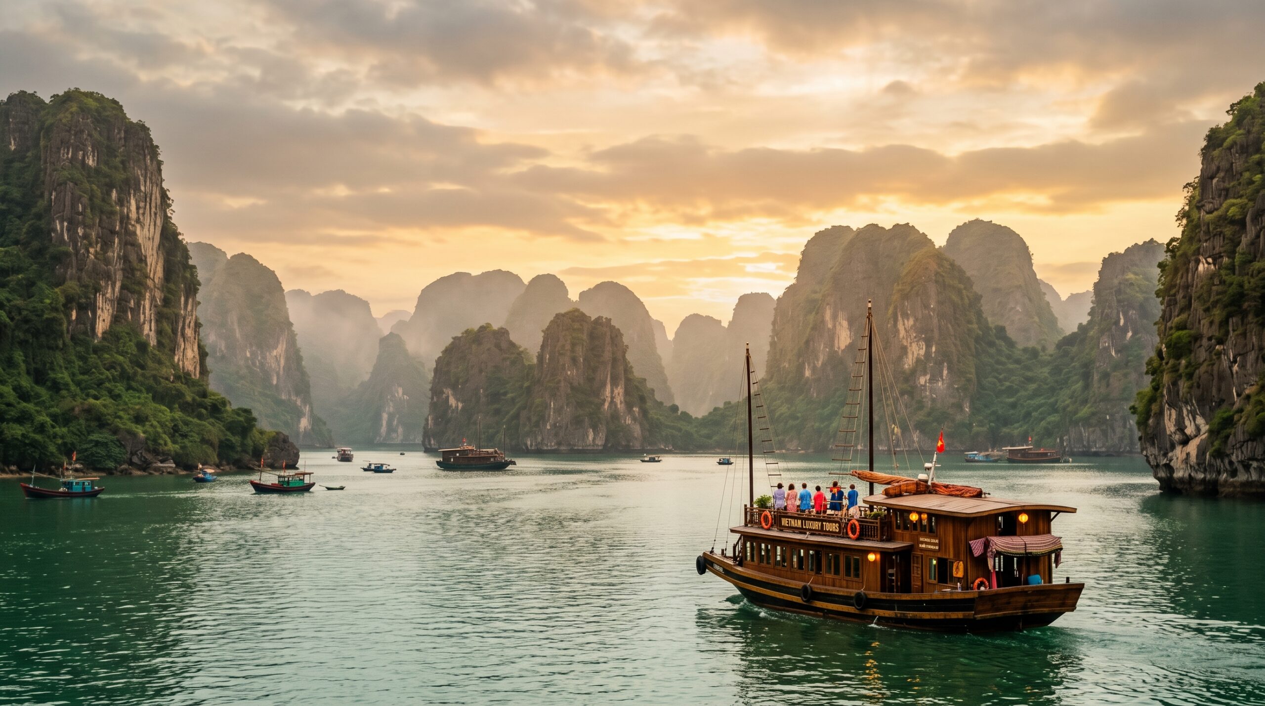 Ha Long Bay limestone karsts at golden hour with traditional junk boat