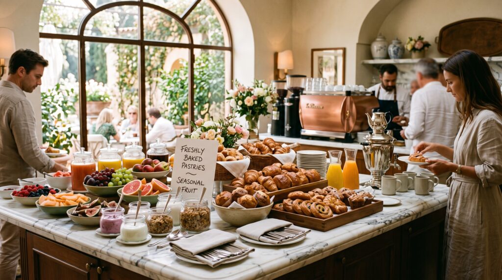 Luxury hotel breakfast buffet with pastries and coffee on marble counters