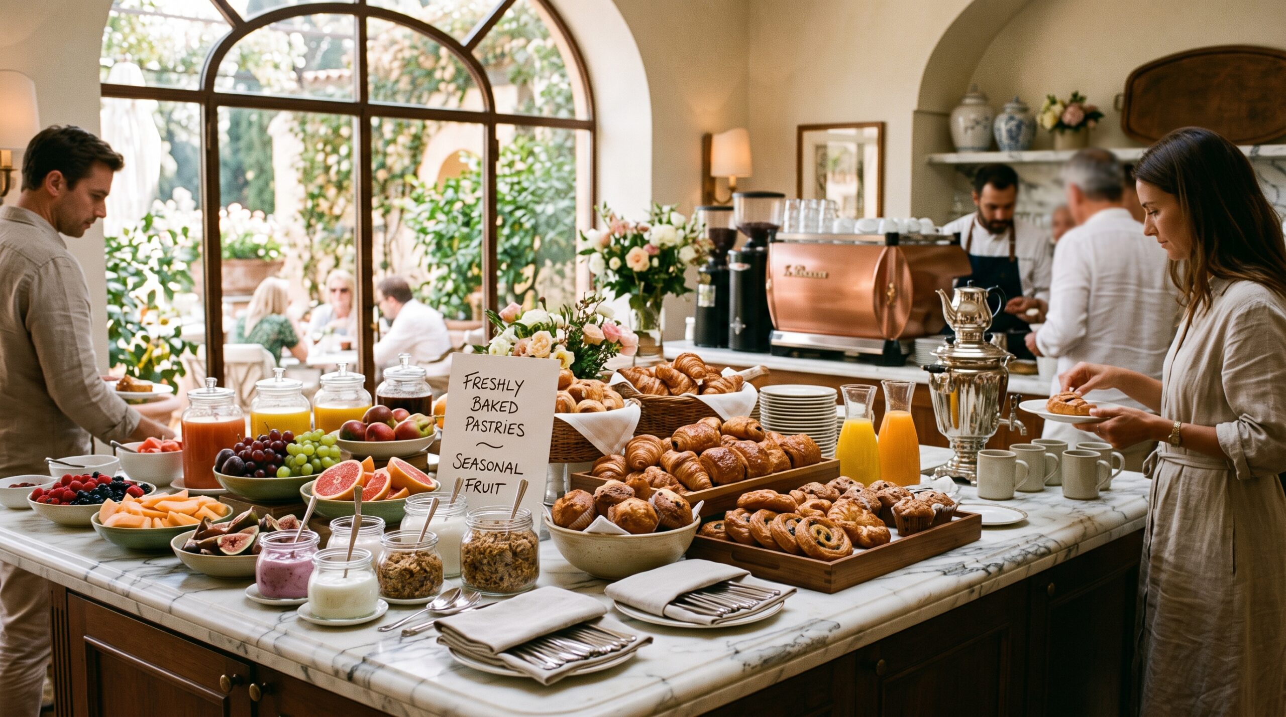 Luxury hotel breakfast buffet with pastries and coffee on marble counters