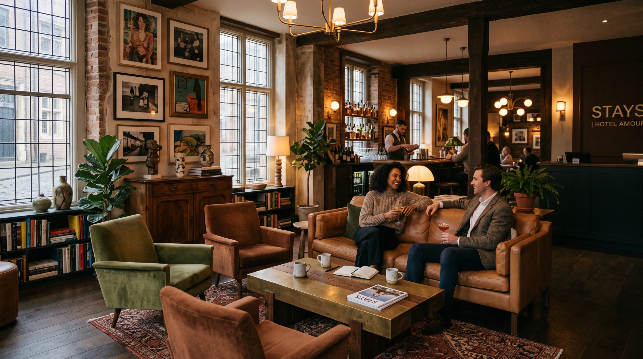 Stylish boutique hotel lobby with unique curated art and designer furniture