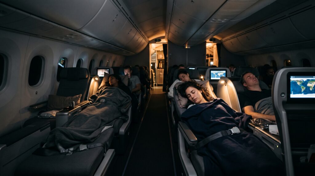 Night airplane cabin with dimmed lights during a red-eye flight