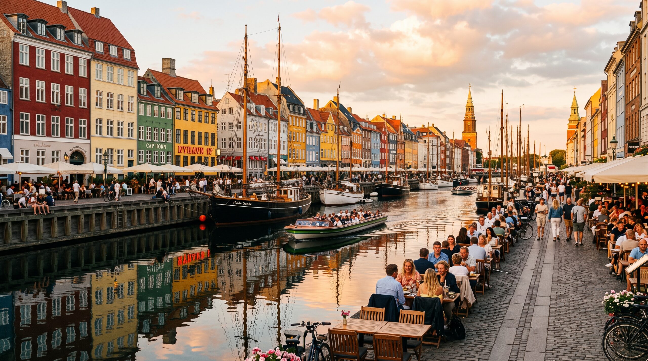 Copenhagen Nyhavn waterfront at midsummer golden hour