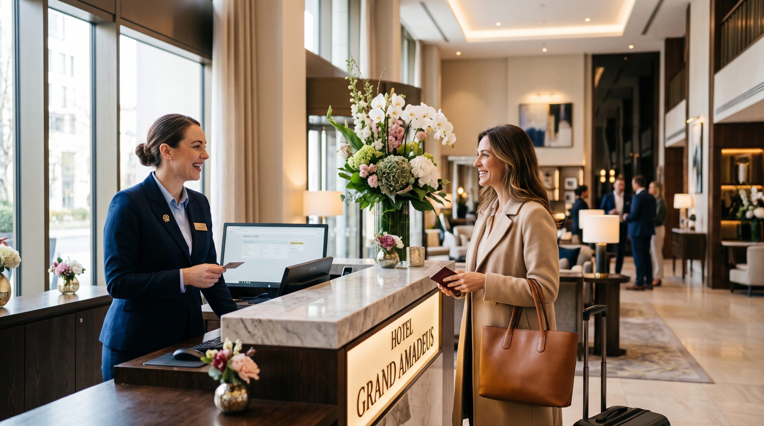 Hotel reception desk with professional agent greeting a guest