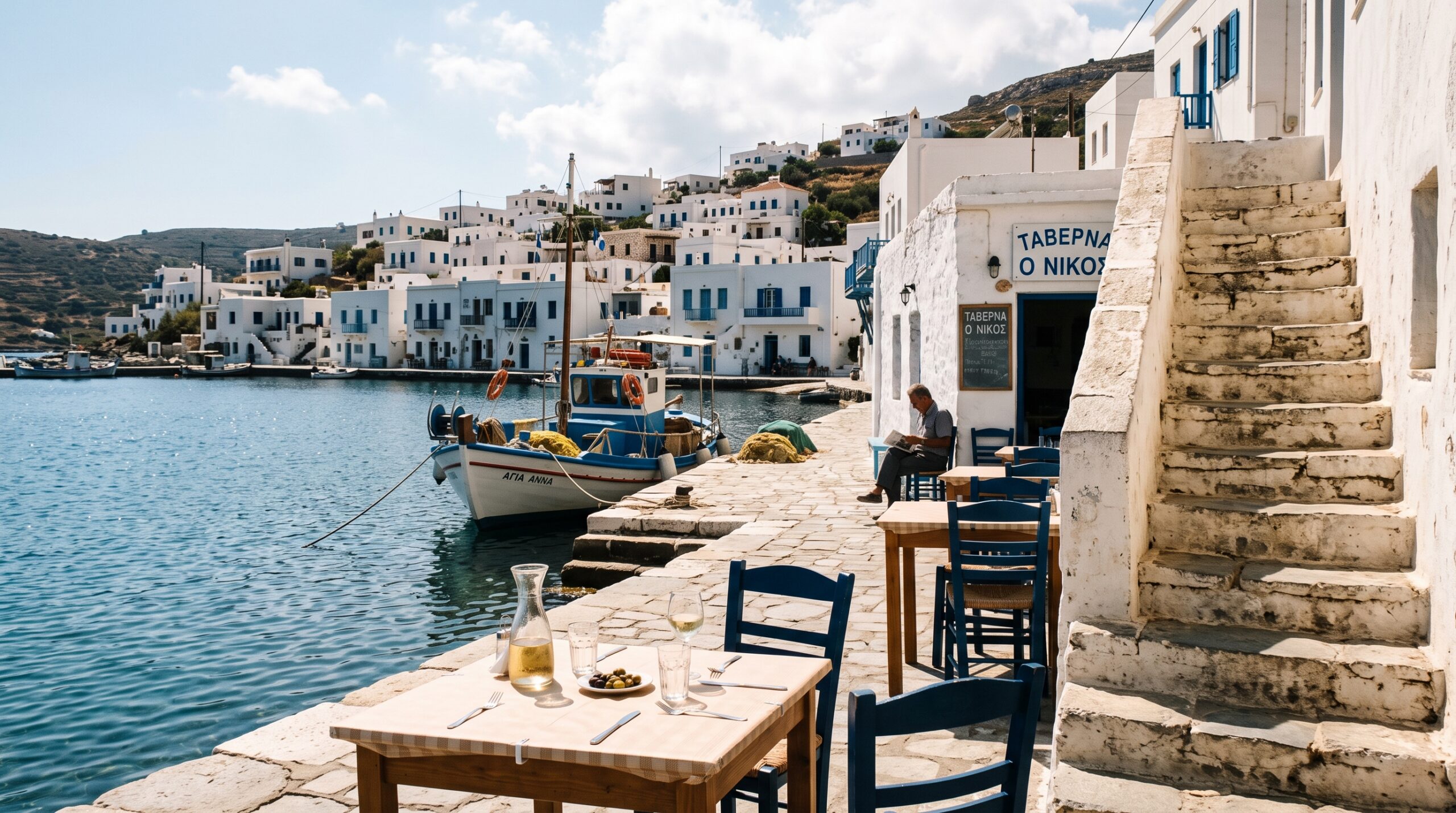 Greek island harbor in September, whitewashed village, taverna tables with wine carafes, fishing boat
