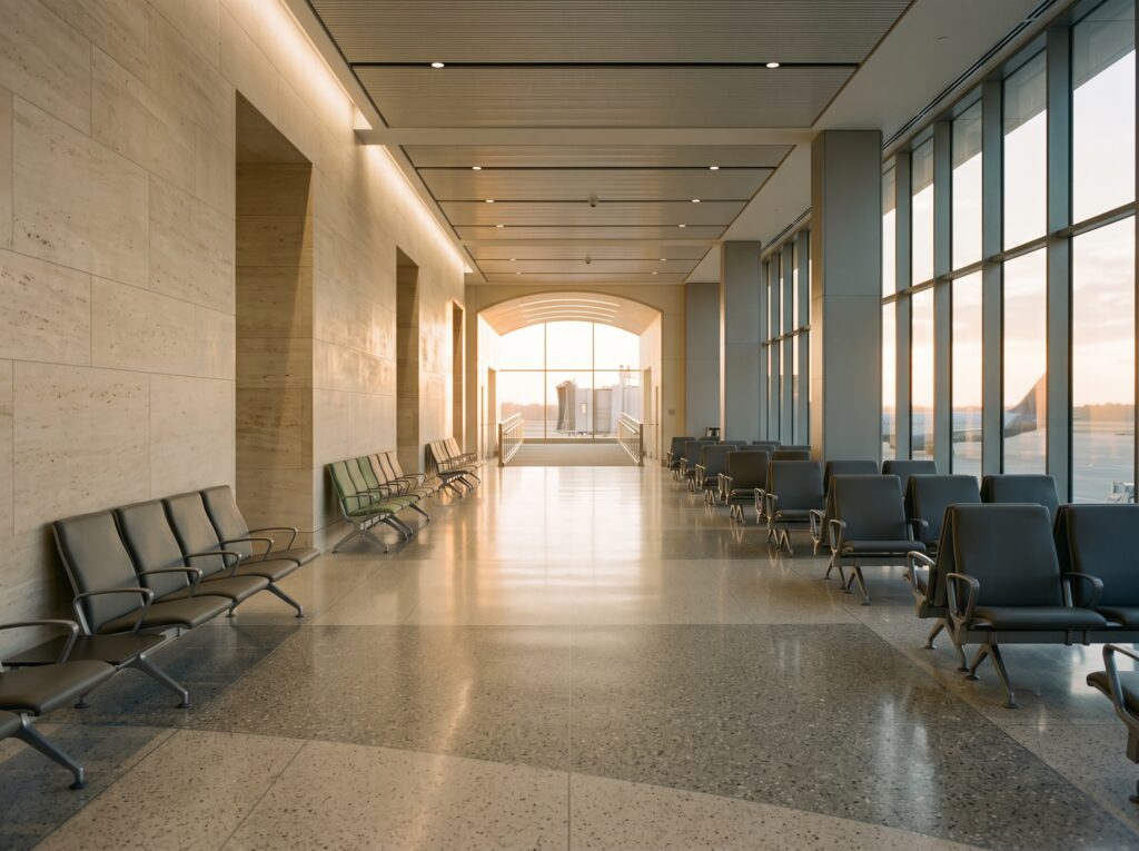 Leading-line view through a quiet empty airport terminal boarding zone toward a distant gate, terrazzo floor in low golden-hour light.