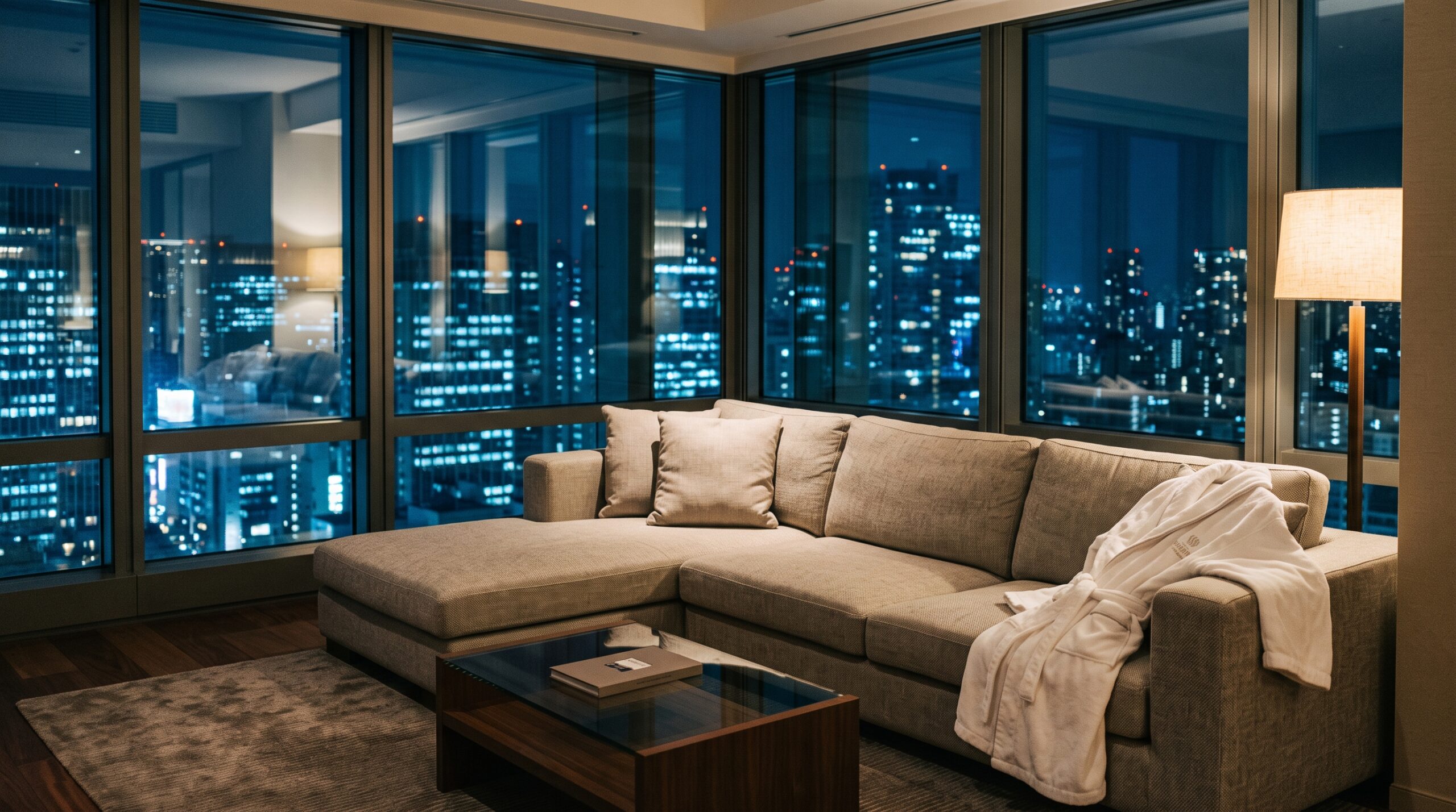Luxury hotel suite living room at night, sectional sofa, floor-to-ceiling windows, city glow