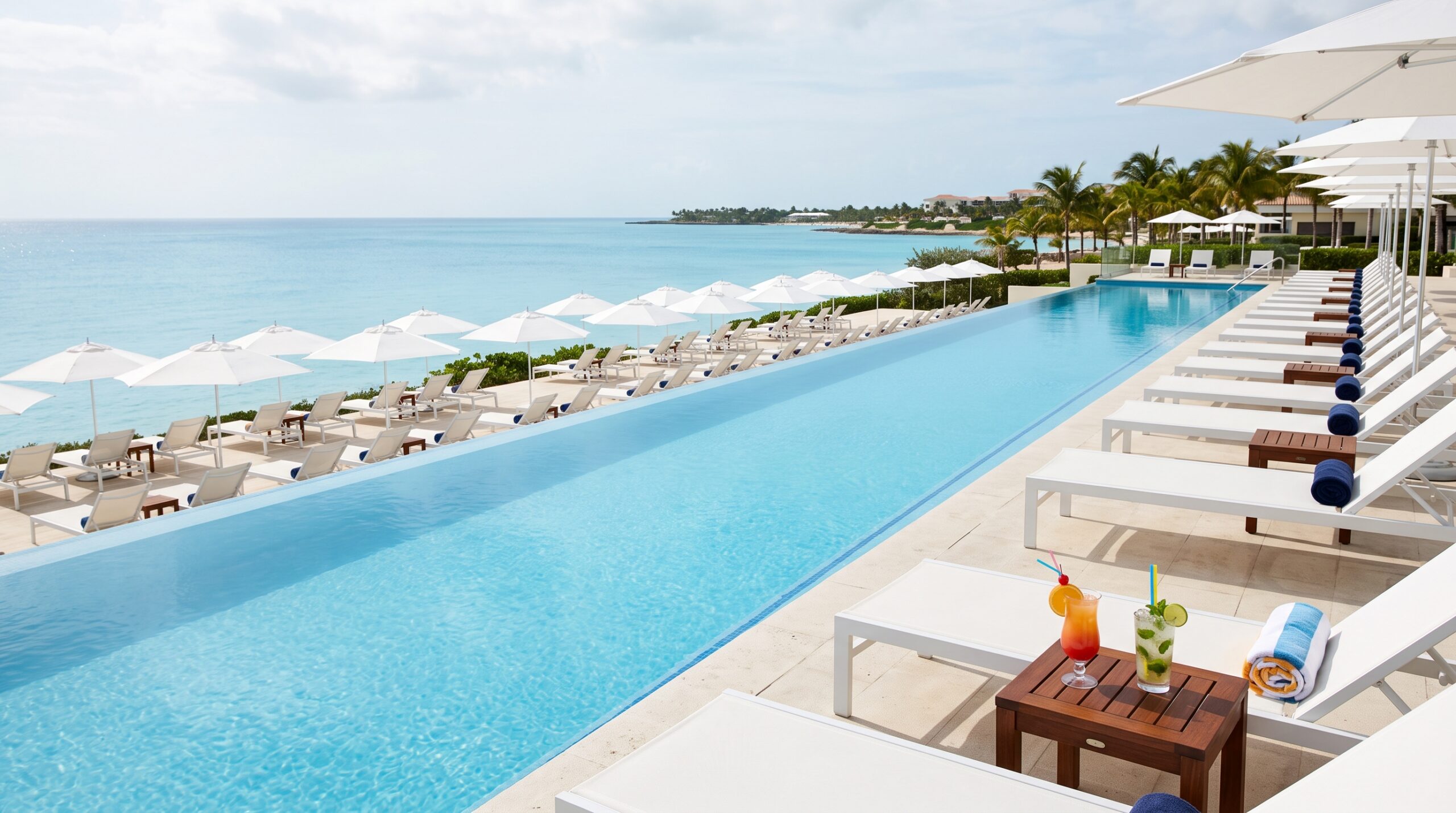 All-inclusive resort infinity pool at midday, white sunloungers, cocktails, Caribbean sea horizon