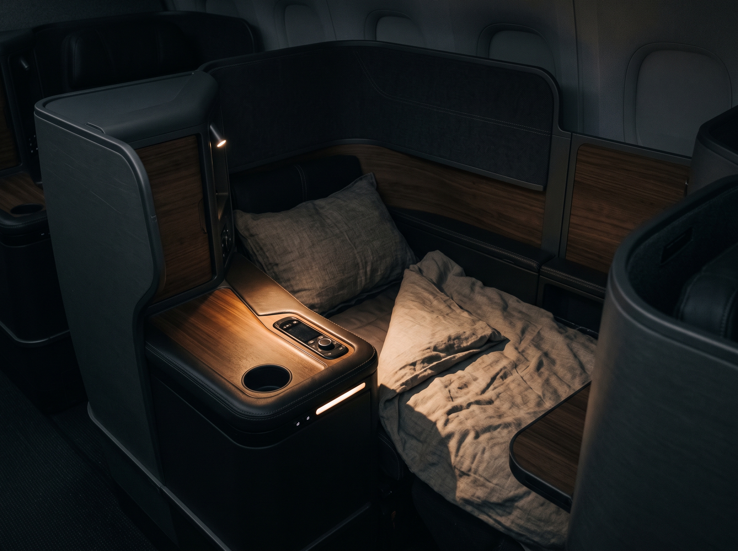 Close-up of an enclosed business-class seat in shadow with a warm highlight on the armrest and a lie-flat bed dressed in linen and wood panels.