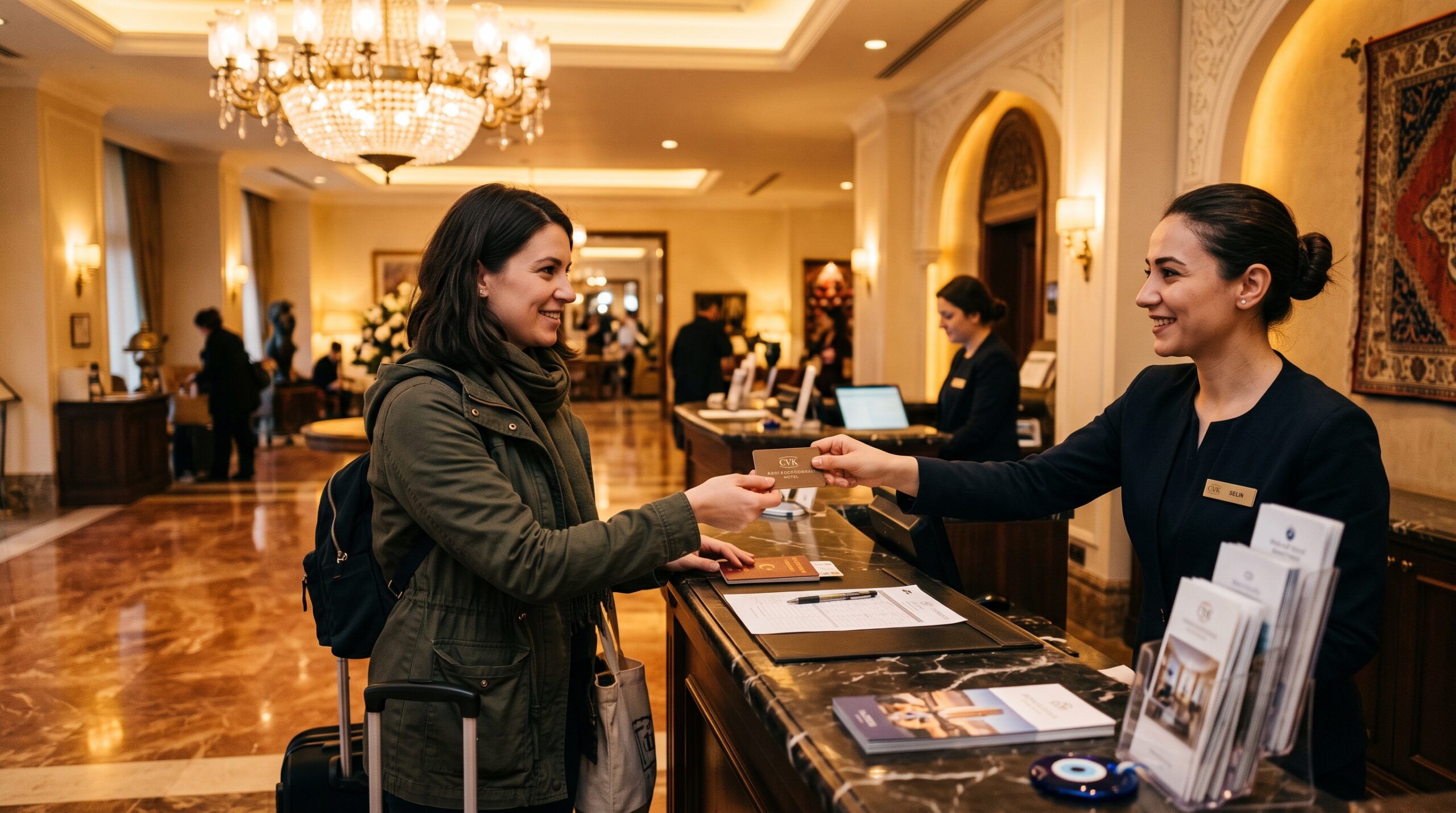 Istanbul hotel check-in desk, staff handing over room key, warm amber lobby light