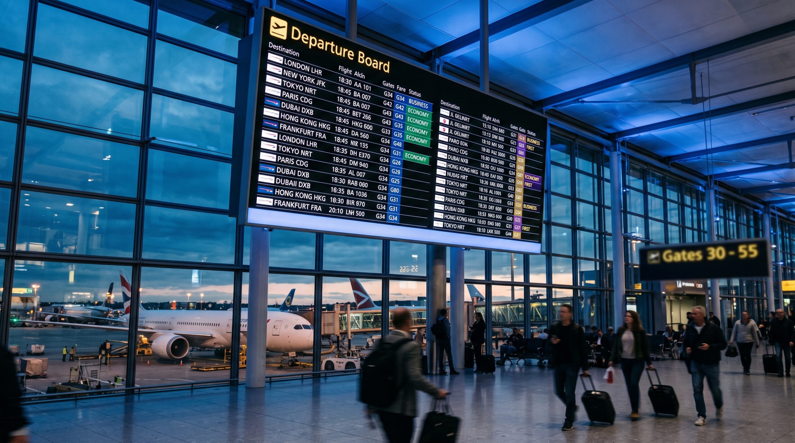 Airport departure board showing fare class designations, aircraft visible at dusk through windows