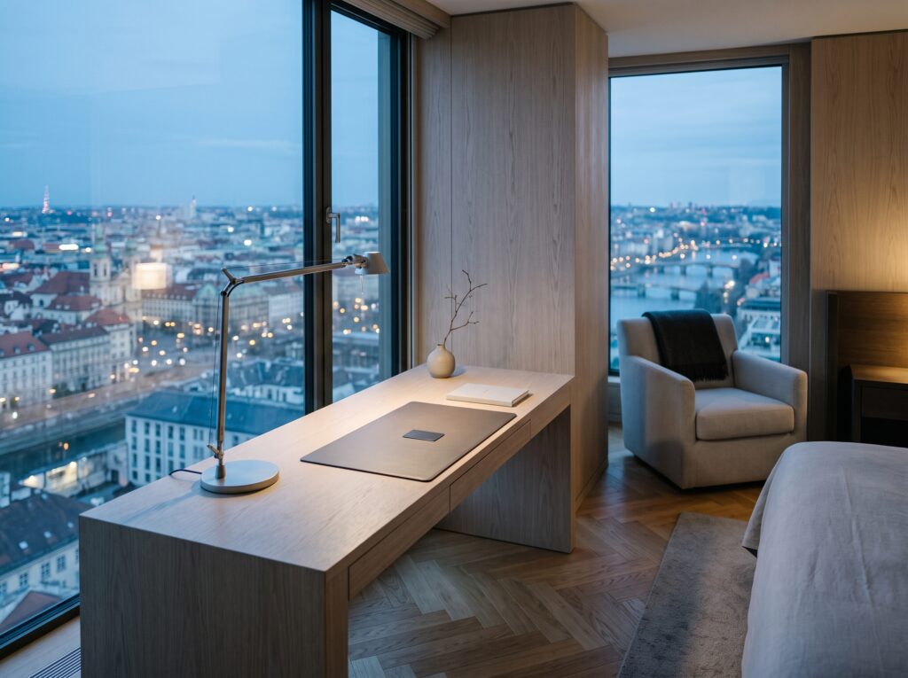 Elevated view of a top-floor corner hotel room at dusk with pale oak paneling, a matte steel lamp, and a key card on the desk.