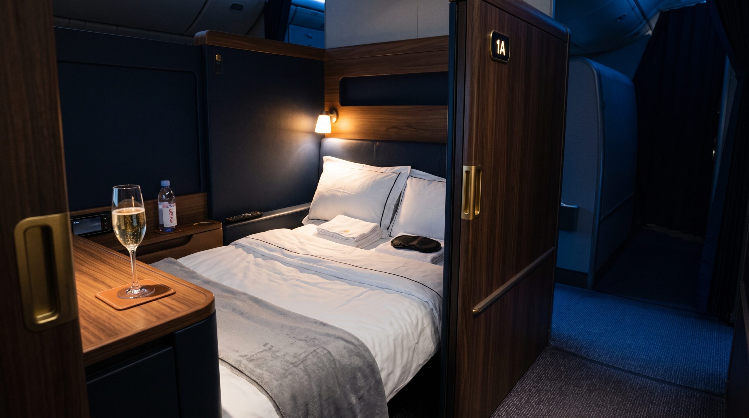 First class aircraft suite interior, closed suite doors, white linen flat bed, champagne flute