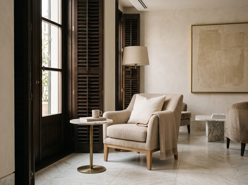 Eye-level view of an intimate hotel lounge with honed marble, aged brass details, and a single armchair beside tall windows in morning light.