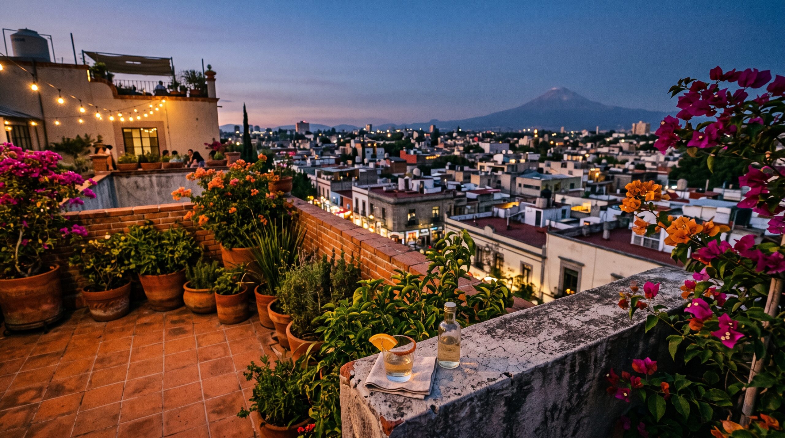 Rooftop terrace in Roma Norte Mexico City at dusk, bougainvillea, mezcal glass, city skyline