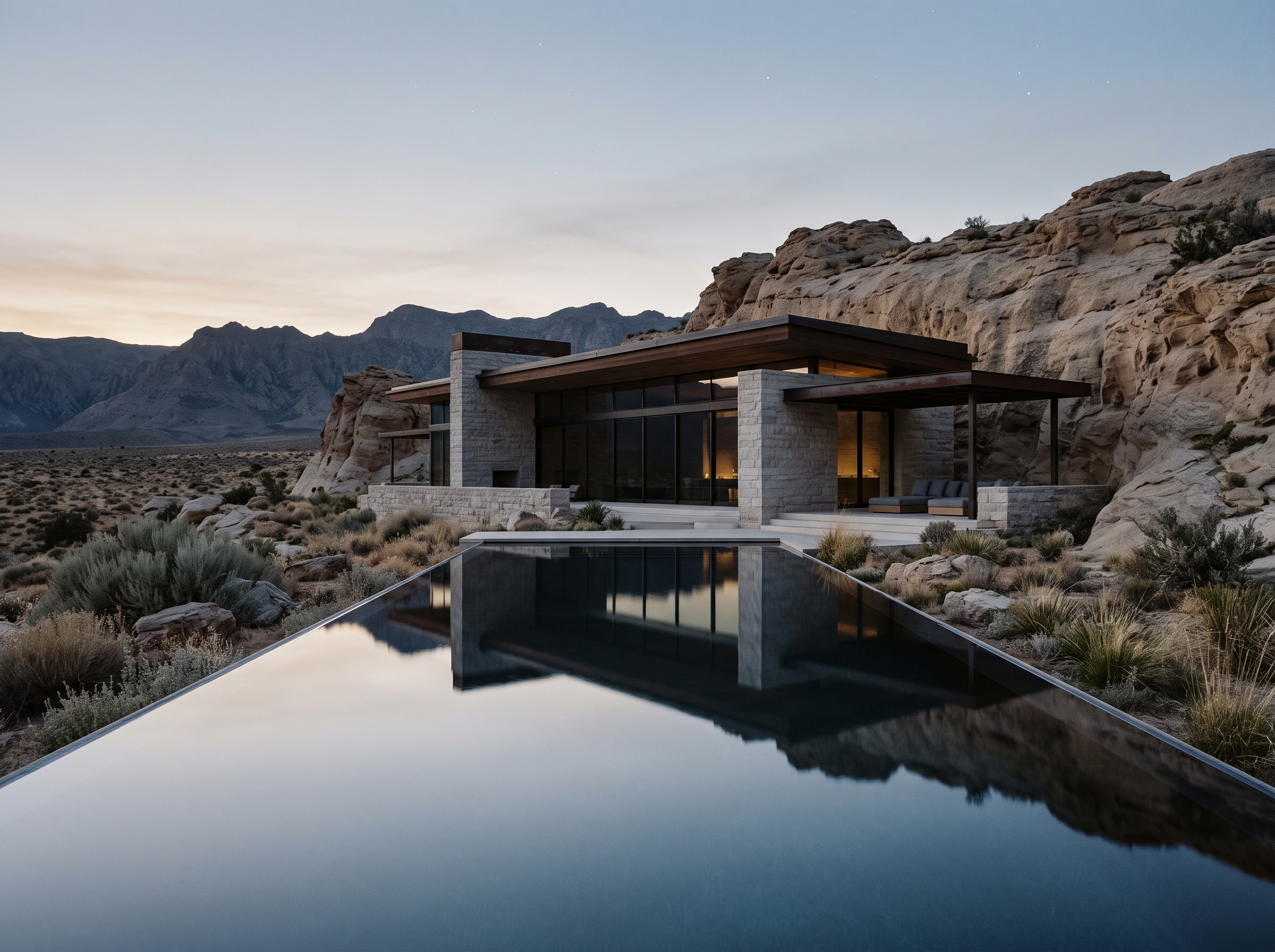 Low-angle view of a remote desert lodge pavilion of raw stone and smoked glass set into a sandstone ridge, with a still reflecting pool in the foreground at dusk.