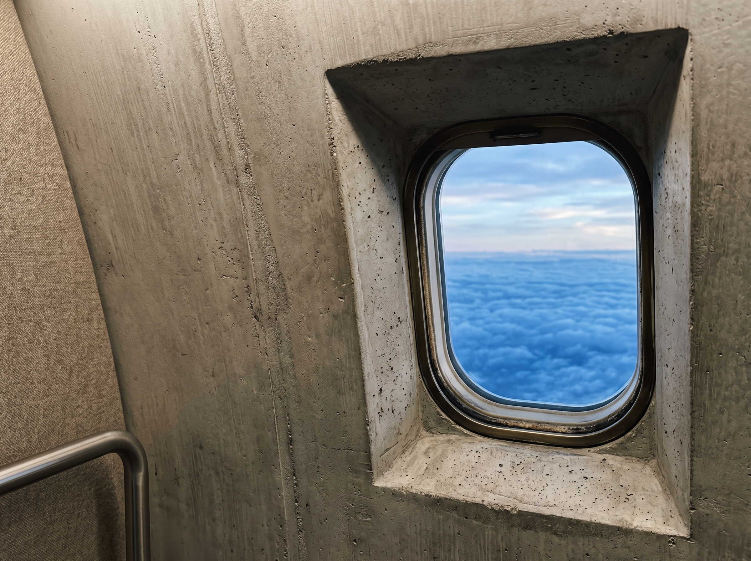 Off-center view of an aircraft cabin window frame revealing a deep blue cloud layer outside, brushed concrete surround, soft backlight.