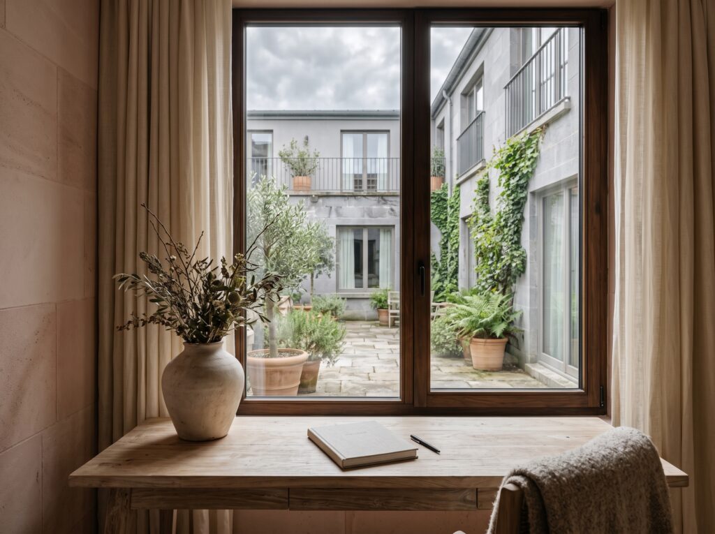Framed window view from a hotel suite onto a grey interior courtyard, a teak desk and porcelain vase in soft overcast light.
