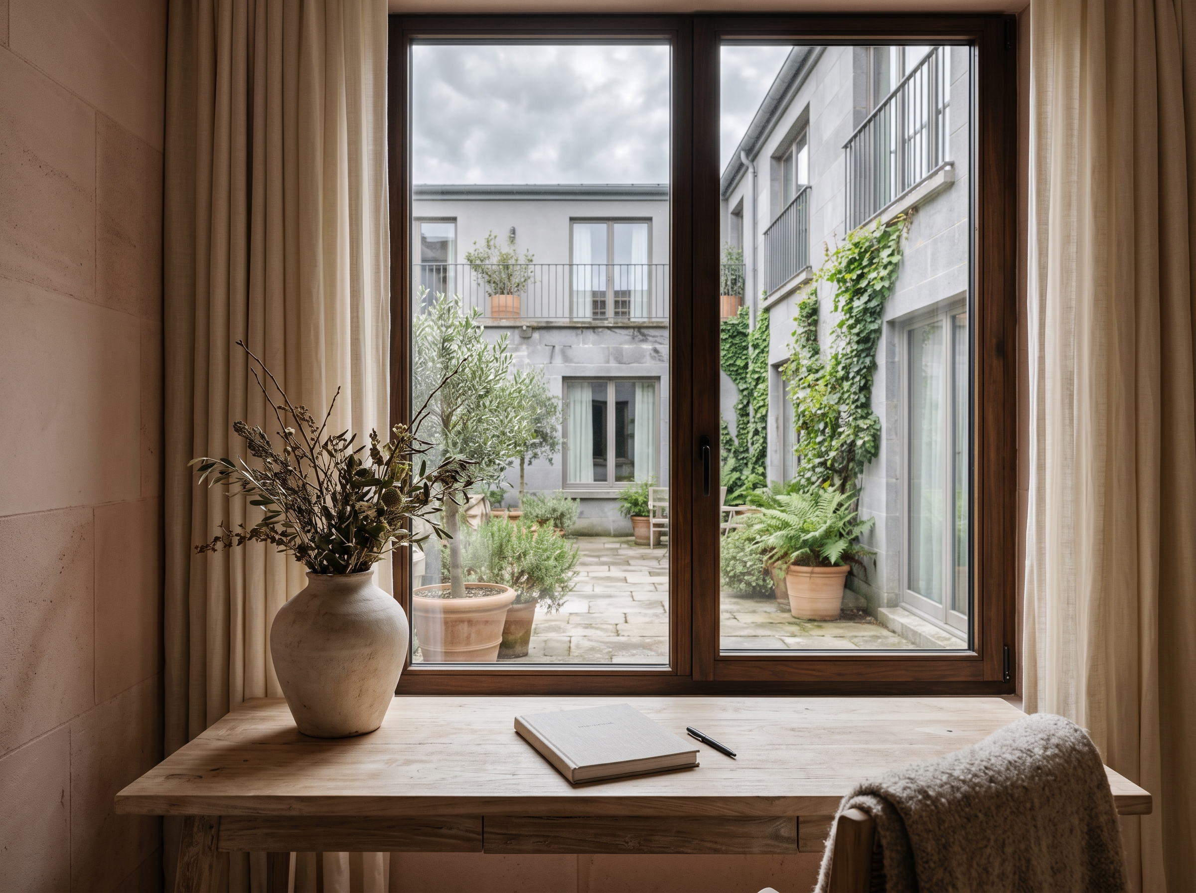 Framed window view from a hotel suite onto a grey interior courtyard, a teak desk and porcelain vase in soft overcast light.