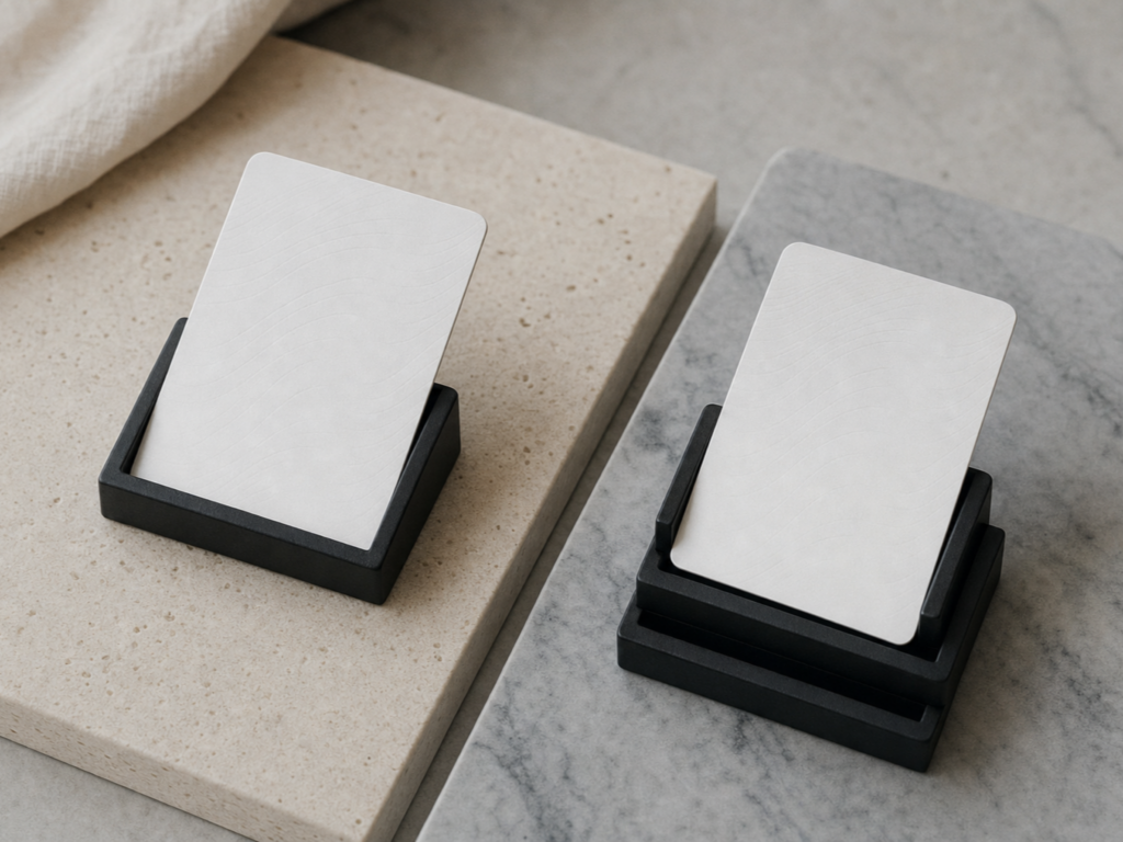 Two blank hotel key cards in matte-black holders on contrasting stone slabs, representing two competing hotel loyalty programs.