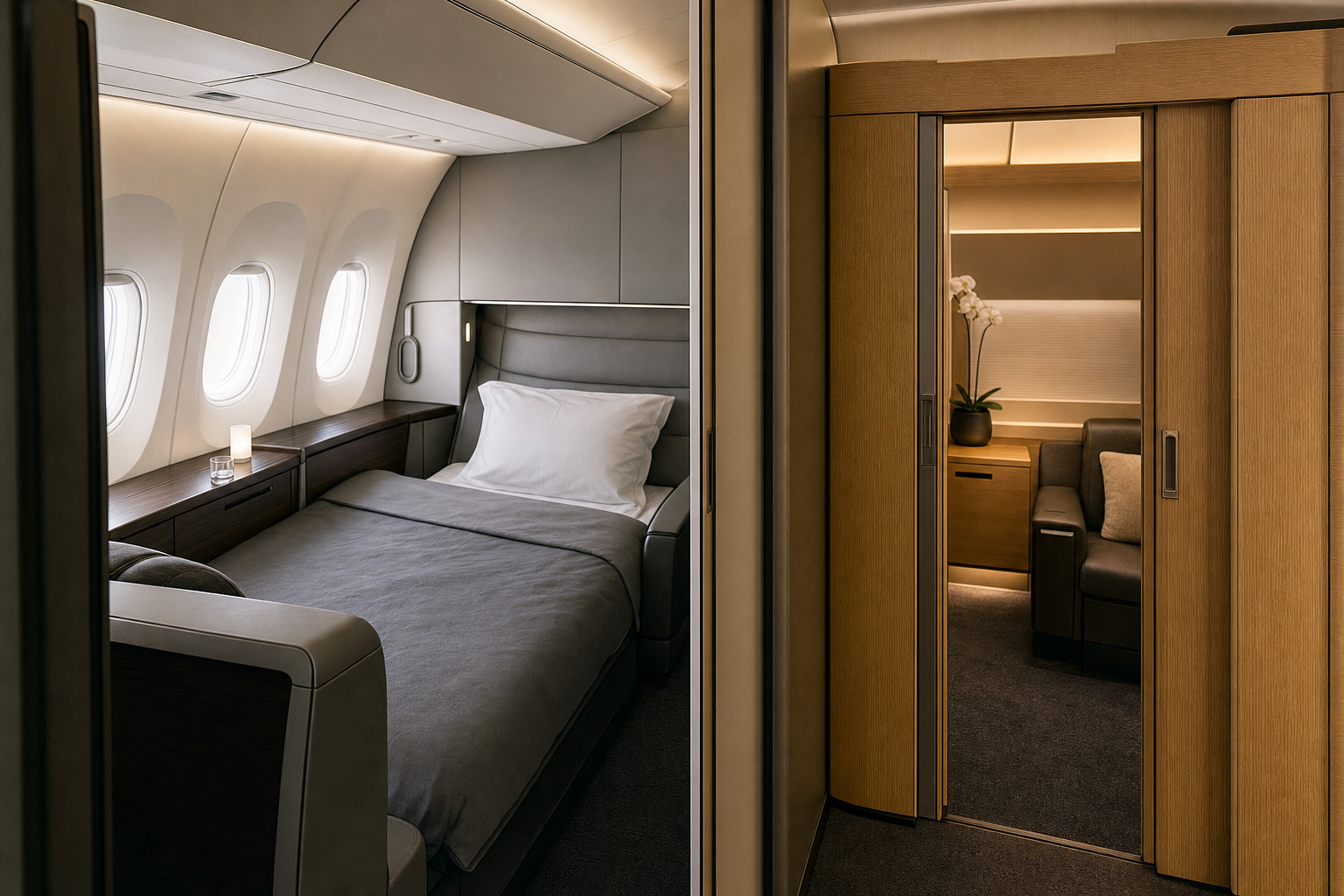 Two distinct first class aircraft cabins side by side: an open first class suite with a wide lie-flat bed in soft gray leather and dark trim, alongside a fully enclosed suite with sliding privacy door in warm oak and ivory finishes.