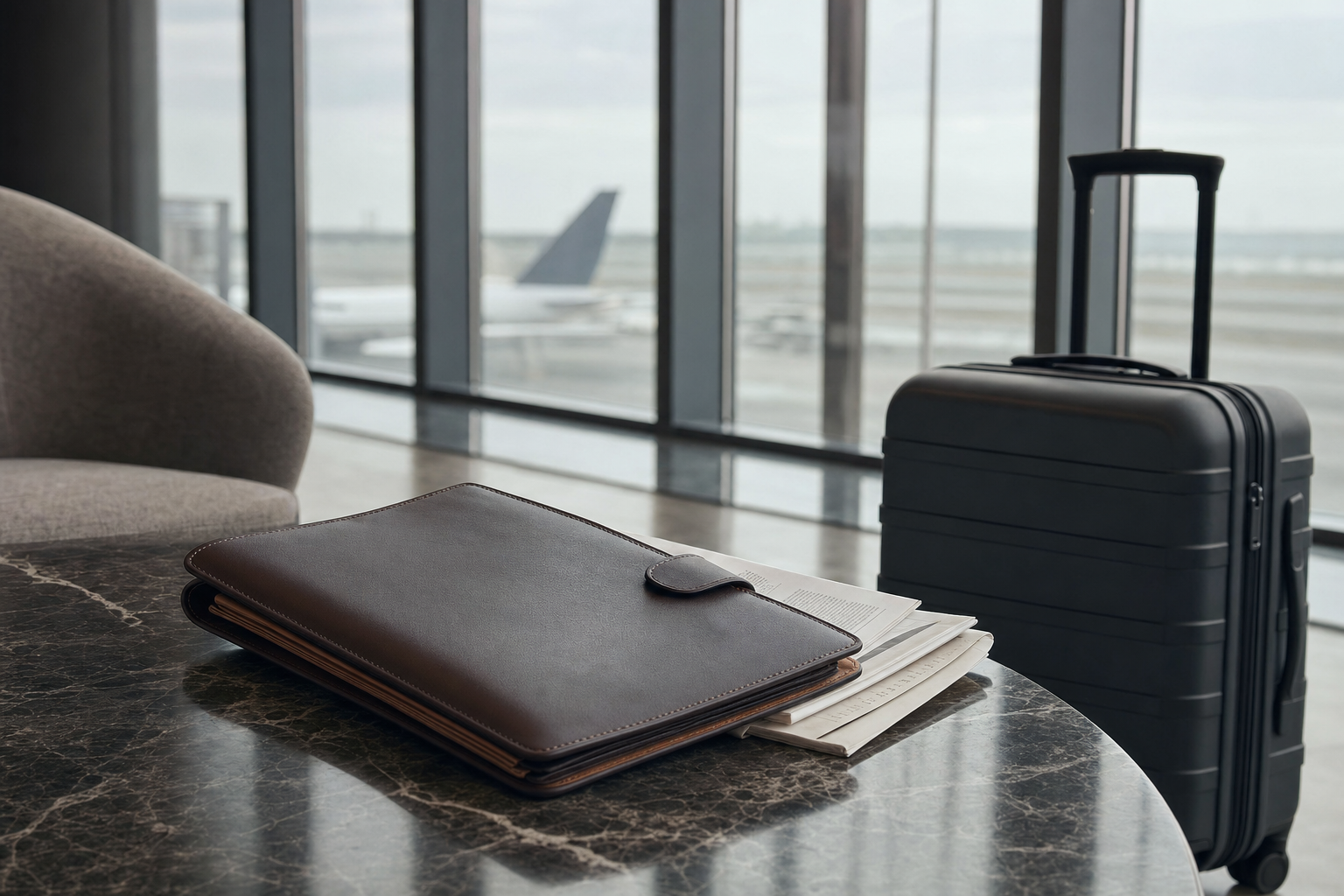 Premium international travel documents, a fine leather passport wallet, and polished luggage arranged on a honed marble surface in a high-end airport departure lounge with floor-to-ceiling glass windows.