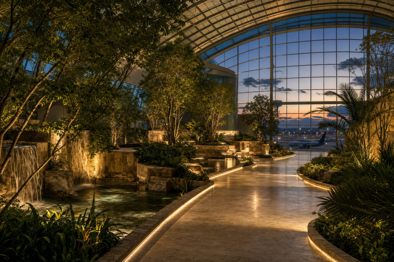 International airport transit terminal concourse at twilight, showing a dramatic vaulted glass ceiling, integrated botanical elements, and apron views with aircraft visible through floor-to-ceiling windows.
