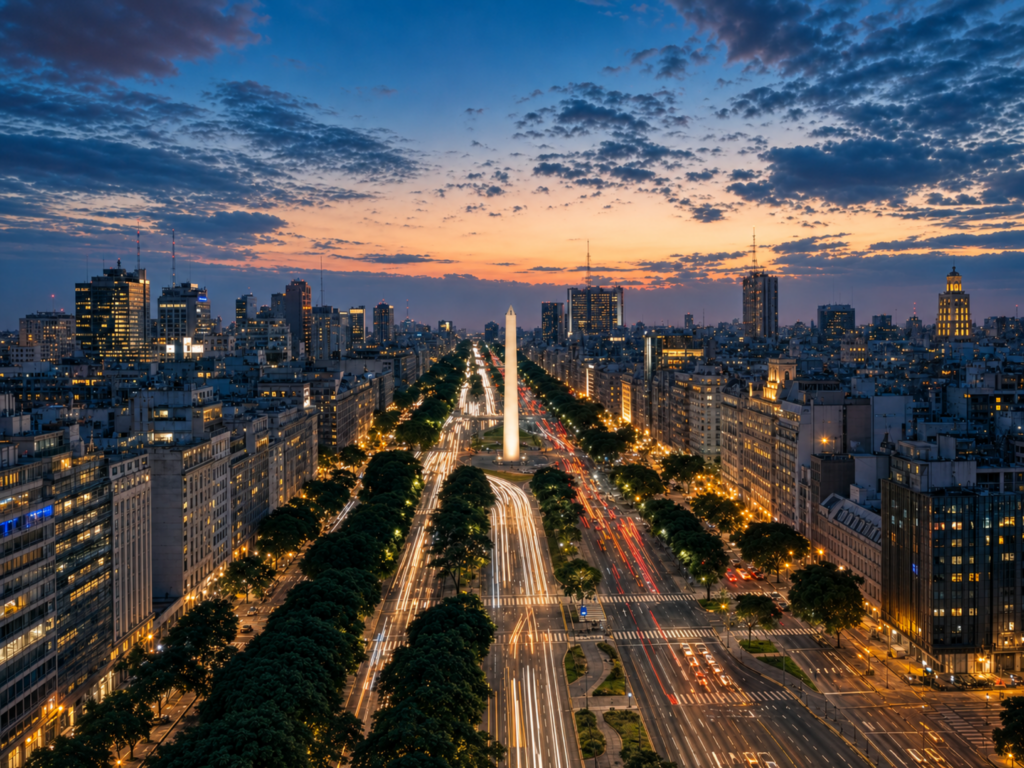 Avenida 9 de Julio and the Obelisco in Buenos Aires at blue hour