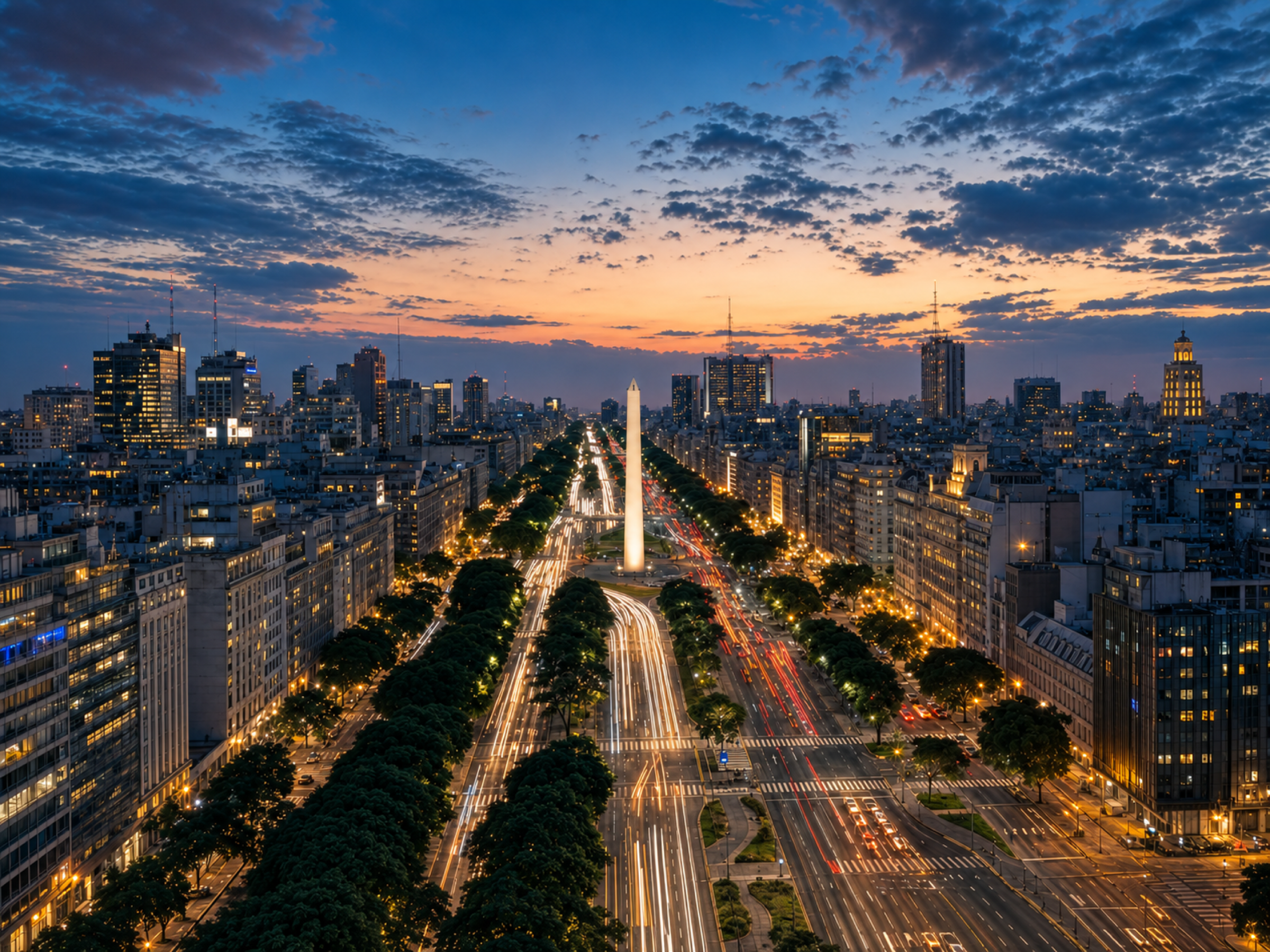 Avenida 9 de Julio and the Obelisco in Buenos Aires at blue hour