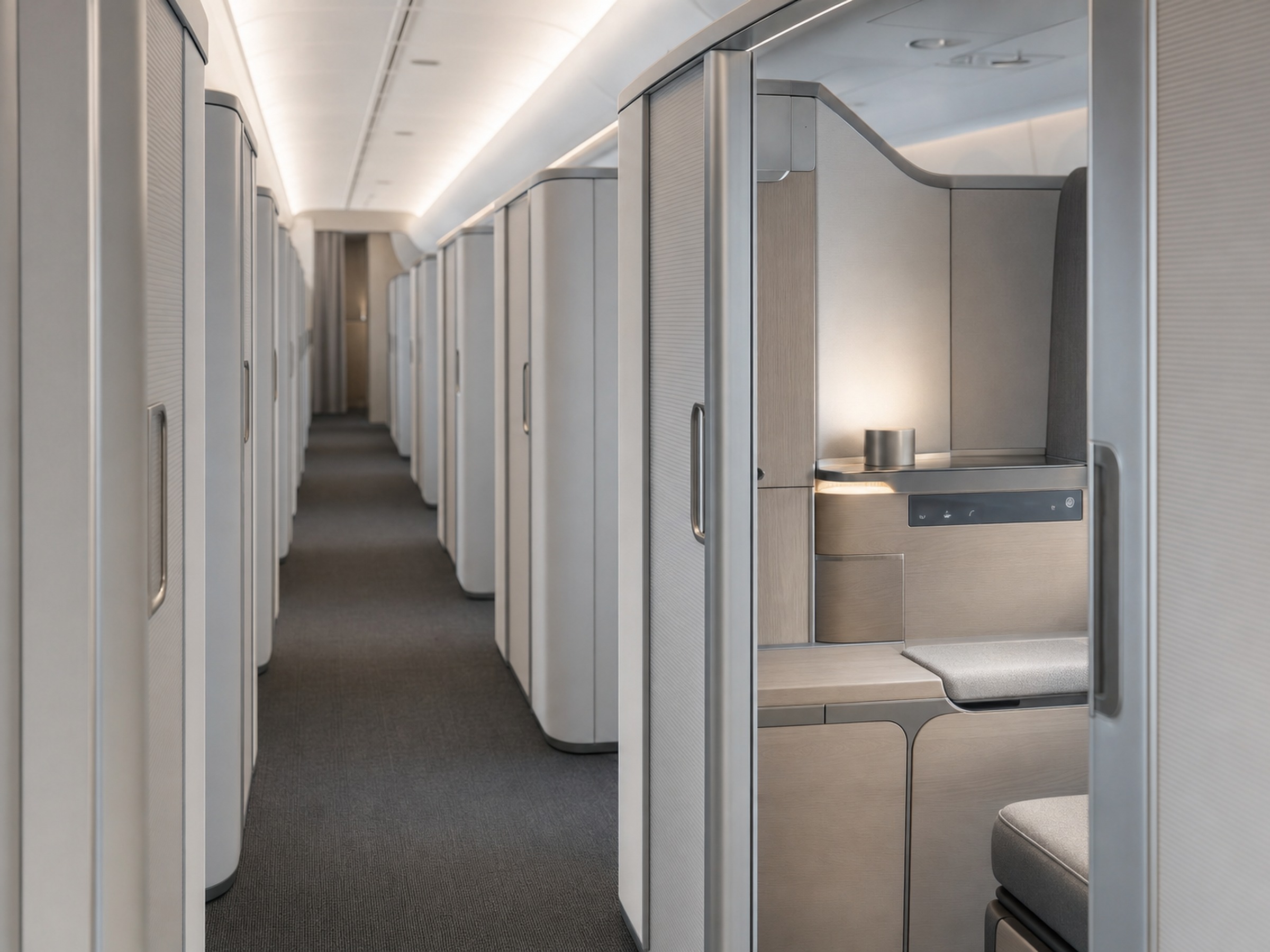 Enclosed business-class suite with a closed sliding privacy door and reverse-herringbone seat in a quiet widebody cabin.