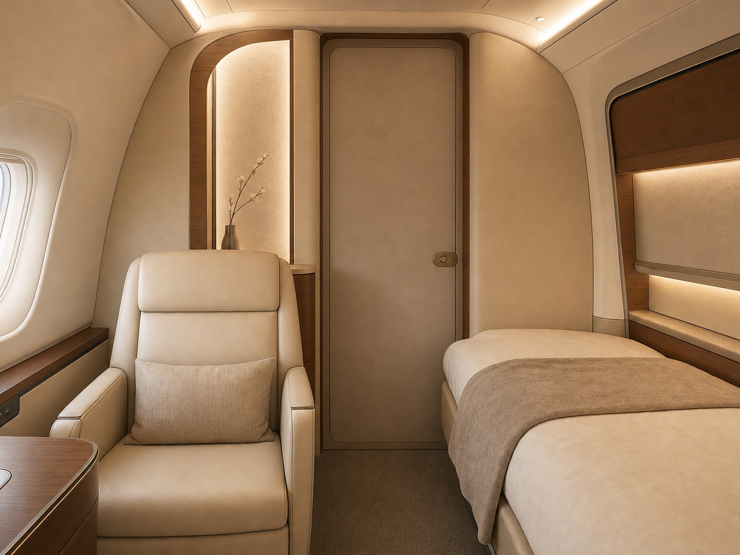 Window-side first-class suite with a closed privacy door, armchair, and flat bed on an upper deck.