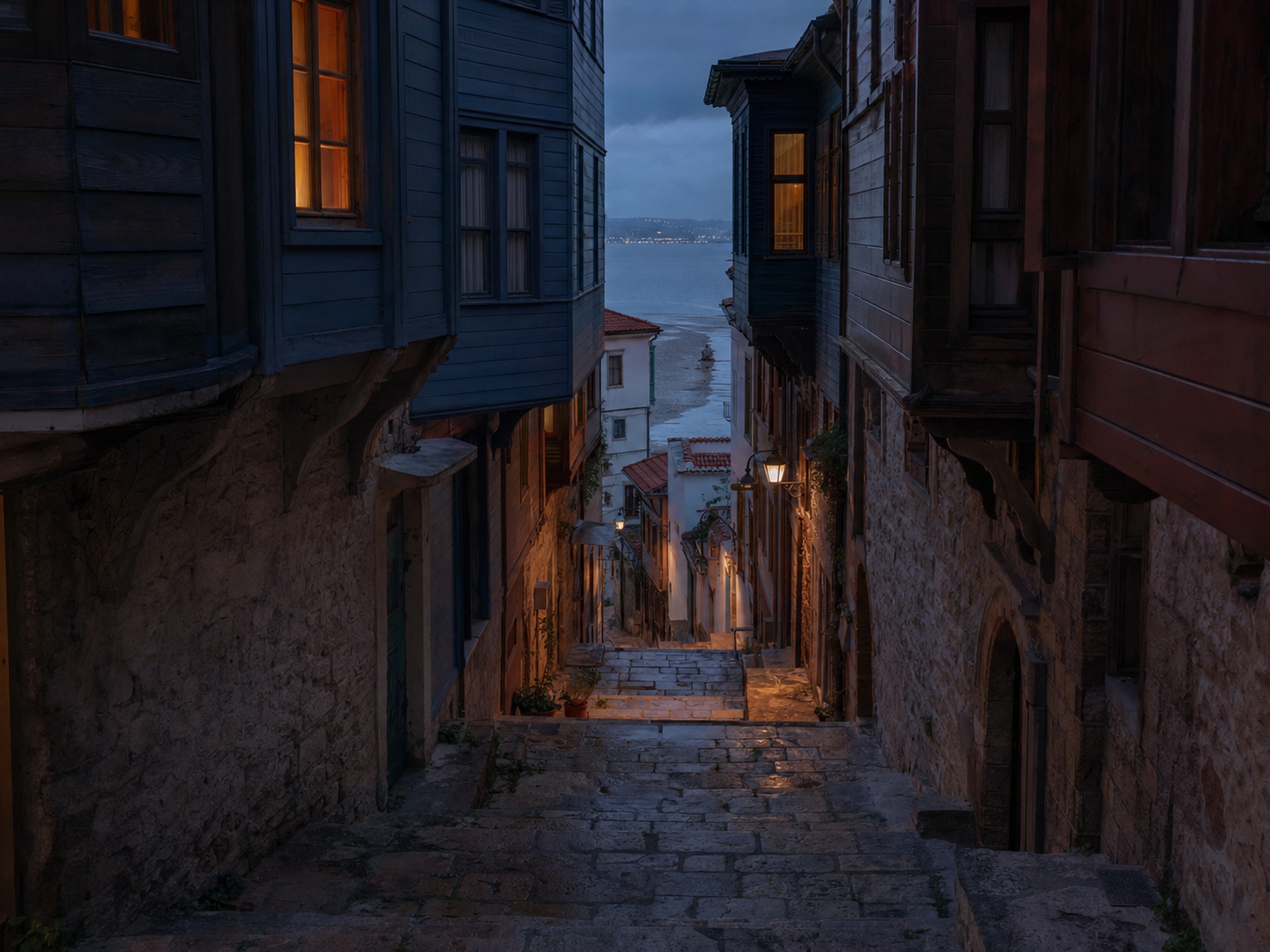 A stepped lane of timber houses with projecting upper storeys descending toward the water in an eastern Mediterranean port city