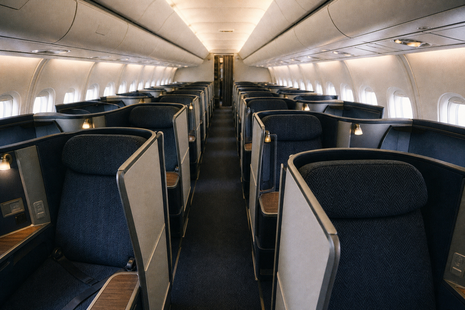 Empty business class cabin on a wide-body aircraft with flat-bed seats in a 1-2-1 herringbone configuration, photographed from the aisle